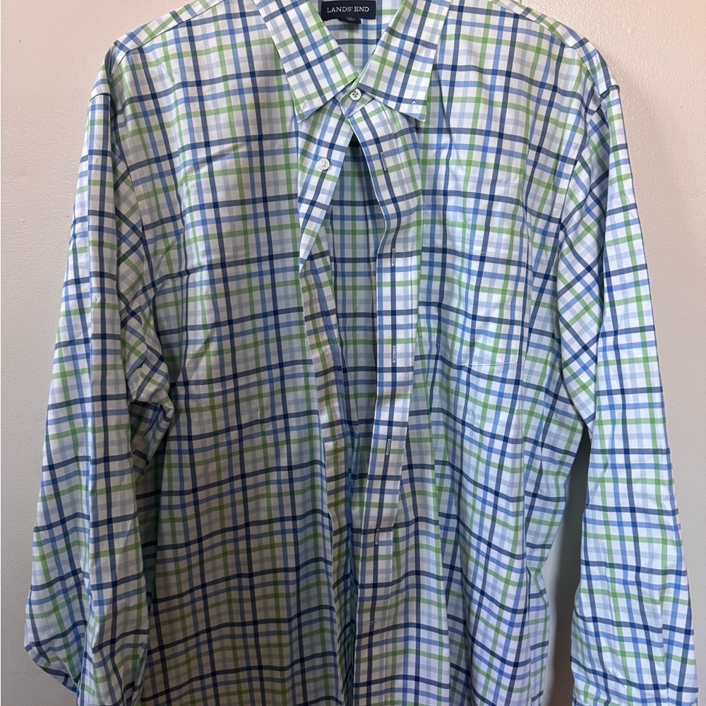 Lands' End Men's Blue and Green Plaid Shirt